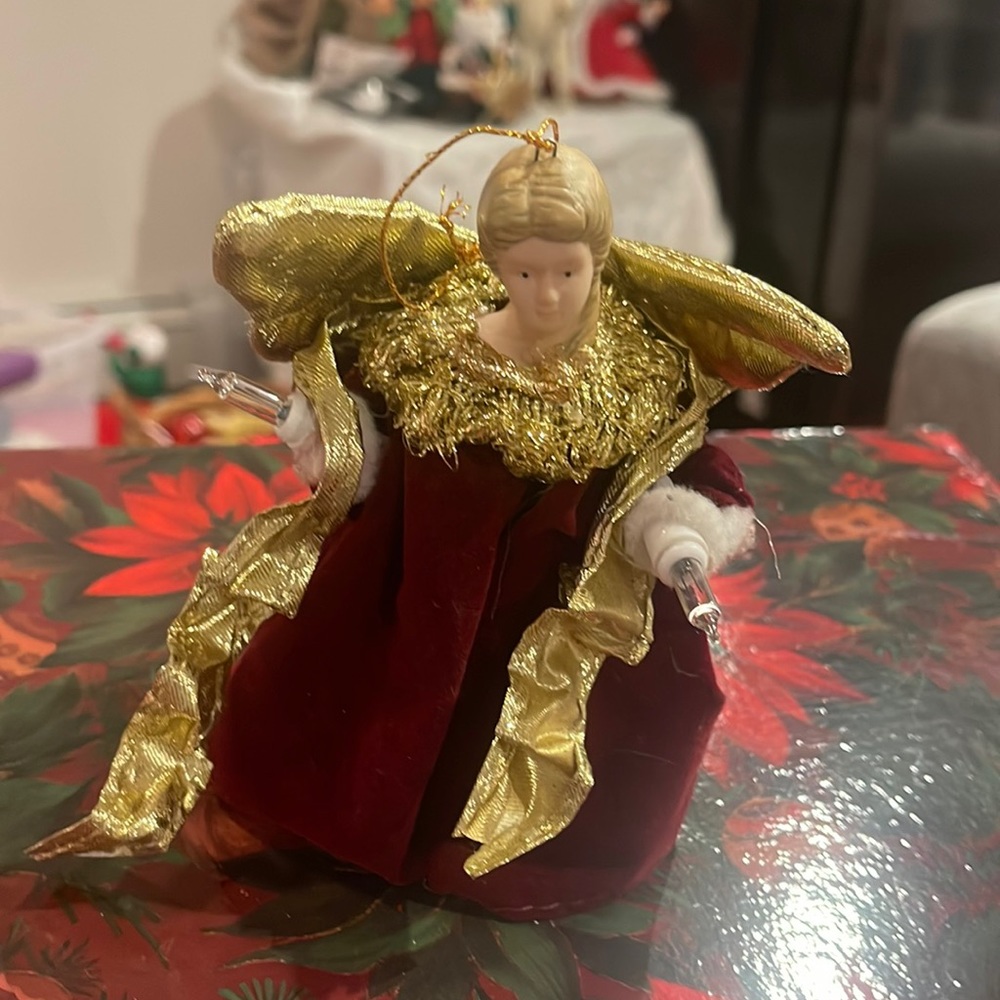 Red velvet with gold wing light up Angel ornament